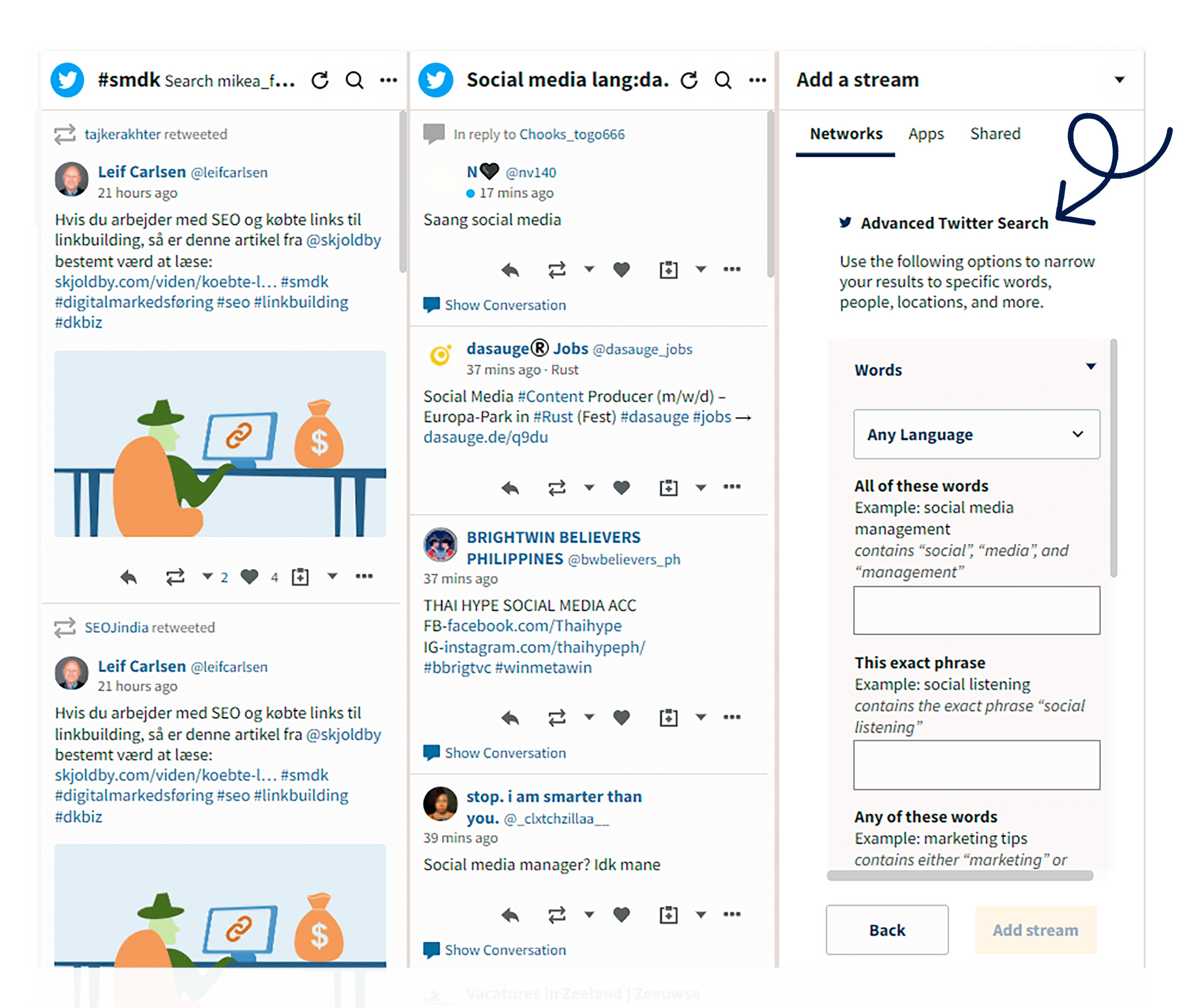 Produktnyt fra Hootsuite Q1 2022 4 twitter streams advanced search